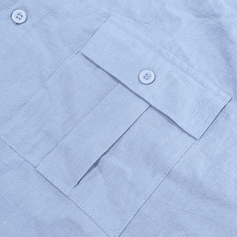 Summer Men's Linen Shirt Casual Loose Collar Short Sleeve Solid Color Pocket T-Shirt_viptrois.com