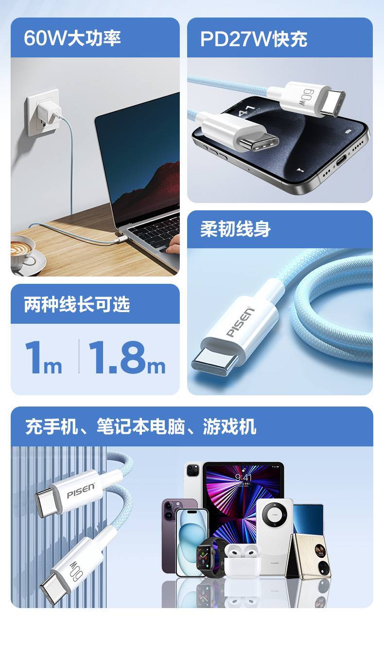 品勝簡約系列PD60W雙C快充數據線(CYE-CC)紙盒裝#