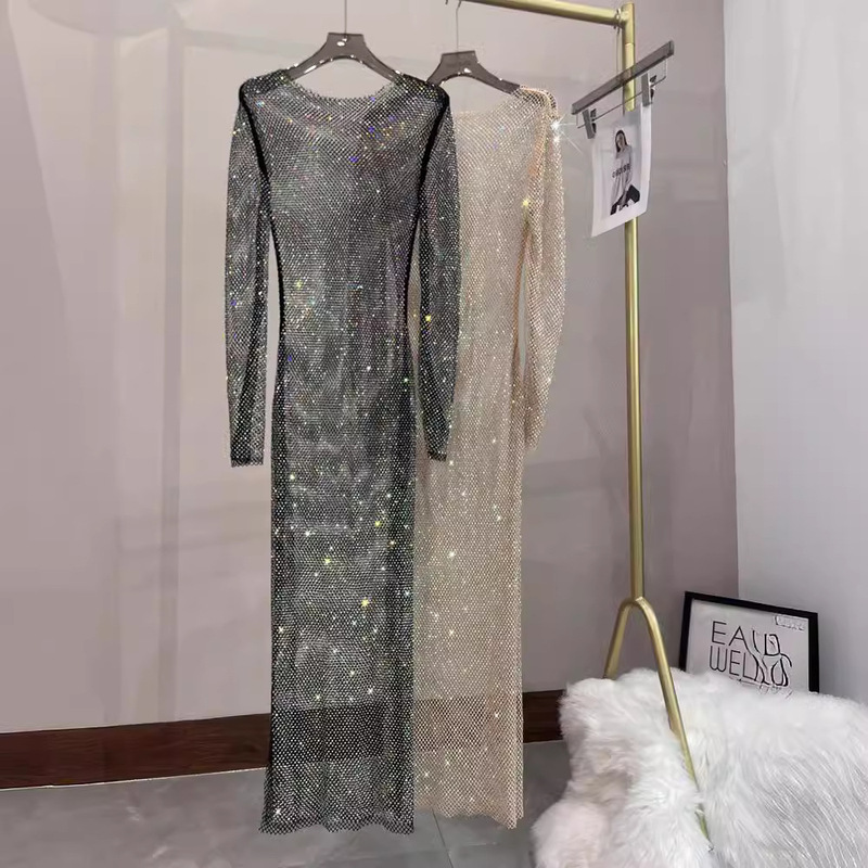 Sexy Brilliant Diamond Women's dress Mesh Perspective Nightclub Spice Girls Rhinestone Split Women's Crewneck Long Dress