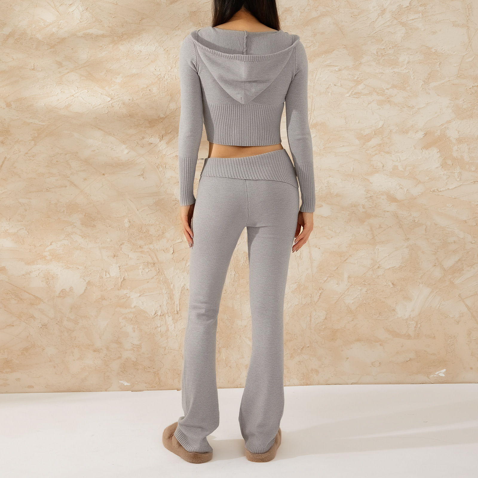 Ensemble deux pièces en tricot à capuche pour femme, pantalon sexy à manches longues et taille haute, à la mode_voghion.com
