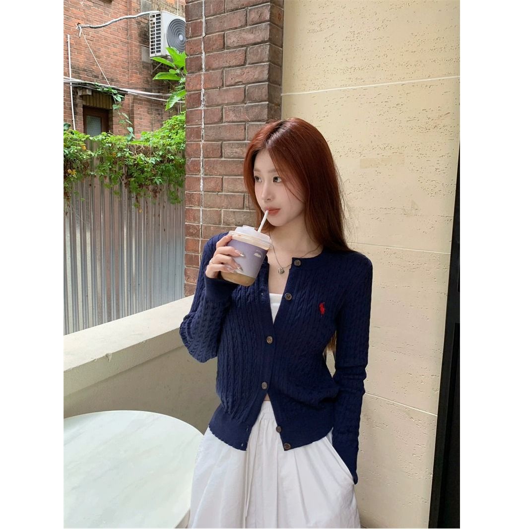 Old Money Style Pony Embroidered Twist Knitted Cardigan for Women 2025 Autumn and Winter Retro Round Neck Navy Blue Sweater Jacket