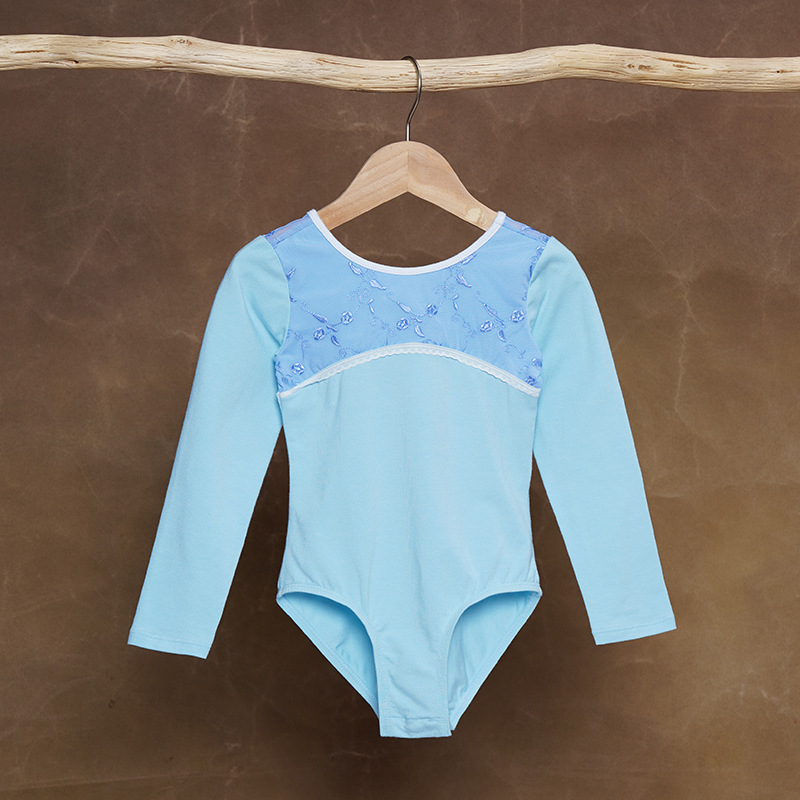 Traje de baile para niños Traje de entrenamiento de manga larga de otoño para mujer Traje de ballet de red suave bordado Espectáculo de ropa de entrenamiento de gota de agua