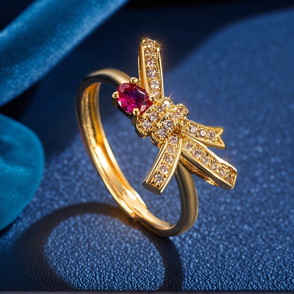 欧美跨境新款创意蝴蝶结水滴形锆石戒指个性设计指环百搭首饰