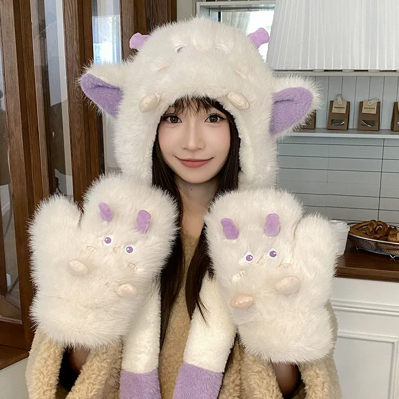 Cute plush monster, velvet gloves, keep warm hat for elementary school students