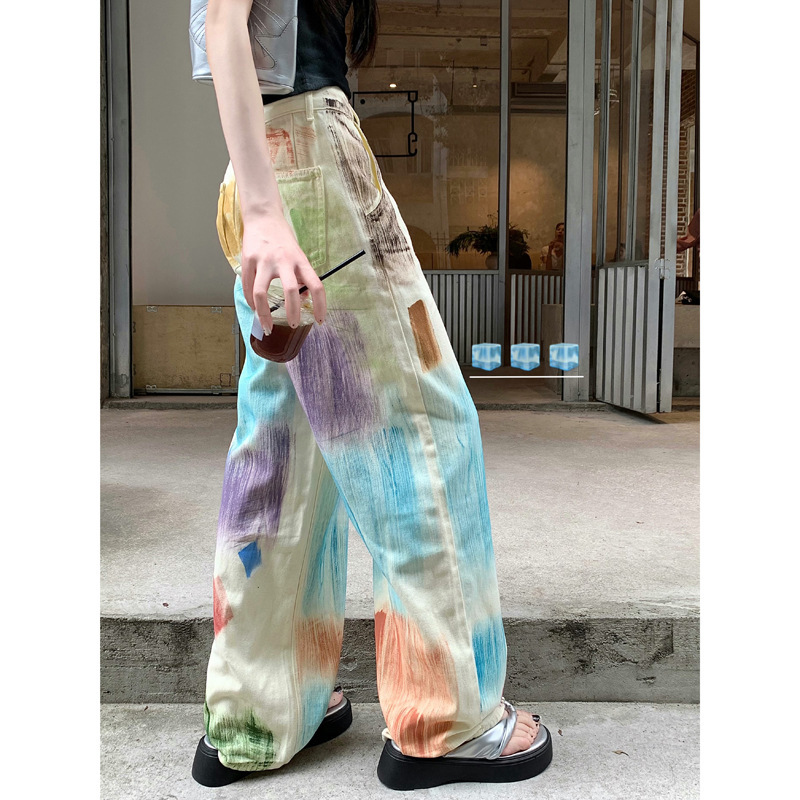 Design Sense Fried Street Painted Color Jeans Women's Summer High Street American Style Loose Straight Wide Leg Pants
