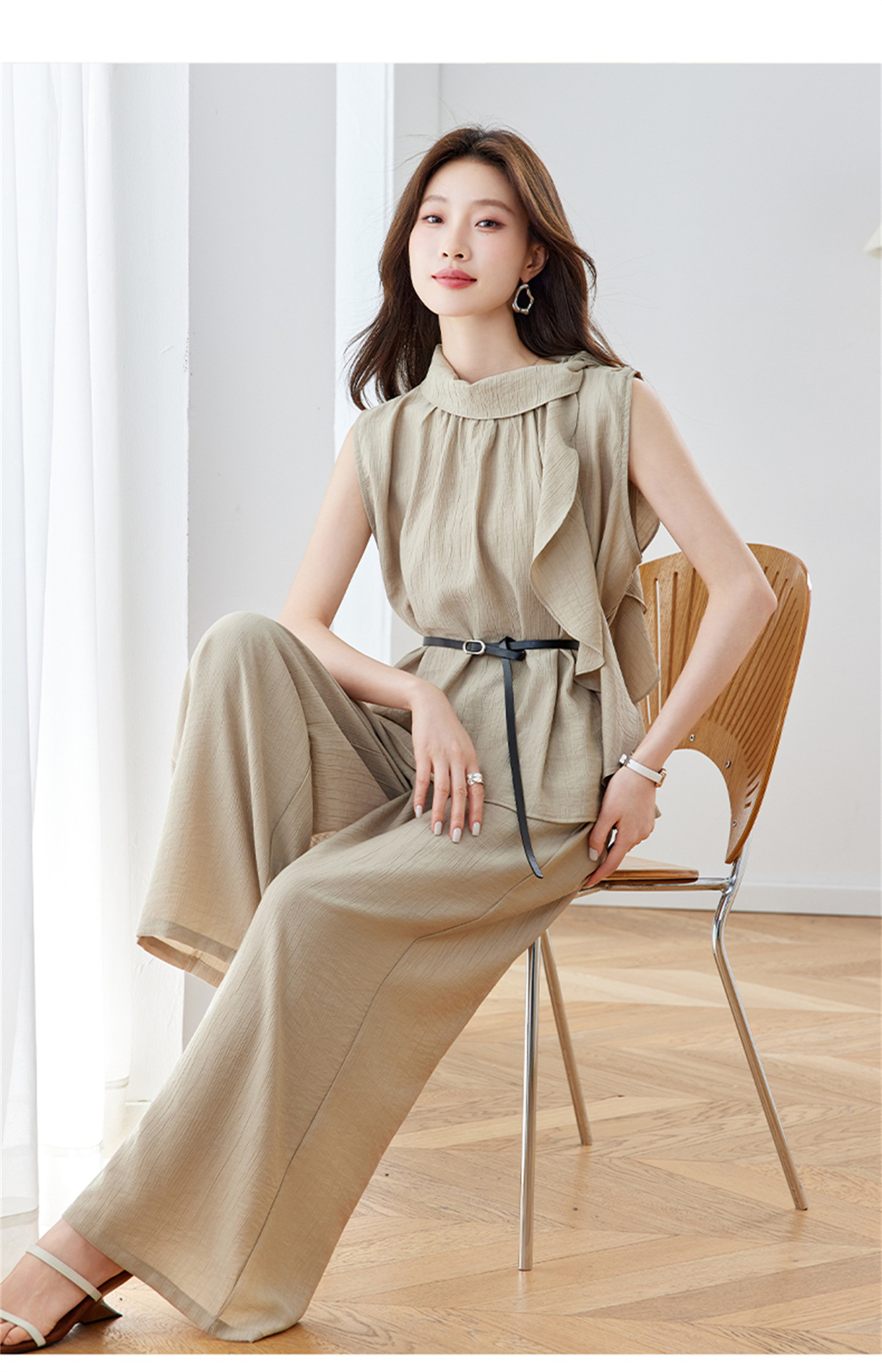 Bộ quần áo nữ hai mảnh áo sơ mi không tay phối quần ống rộng có thắt lưng — Xanh lông mòng đen, màu kaki chi tiết 14