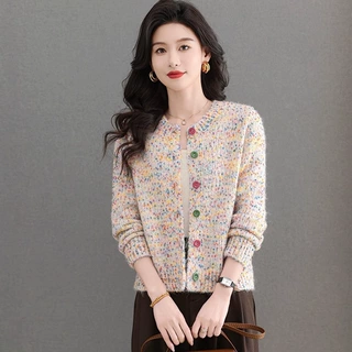 小香风圆领毛衣外套女装新款春秋宽松洋气小个子短款针织开衫上衣