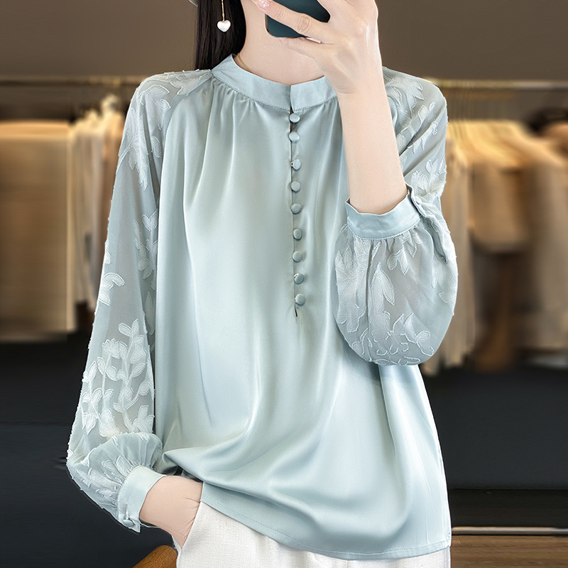 Vertical Collar Long Sleeve Satin Shirt Design Top 2025 Spring and Summer New Lantern Shirt Base Shirt Lace