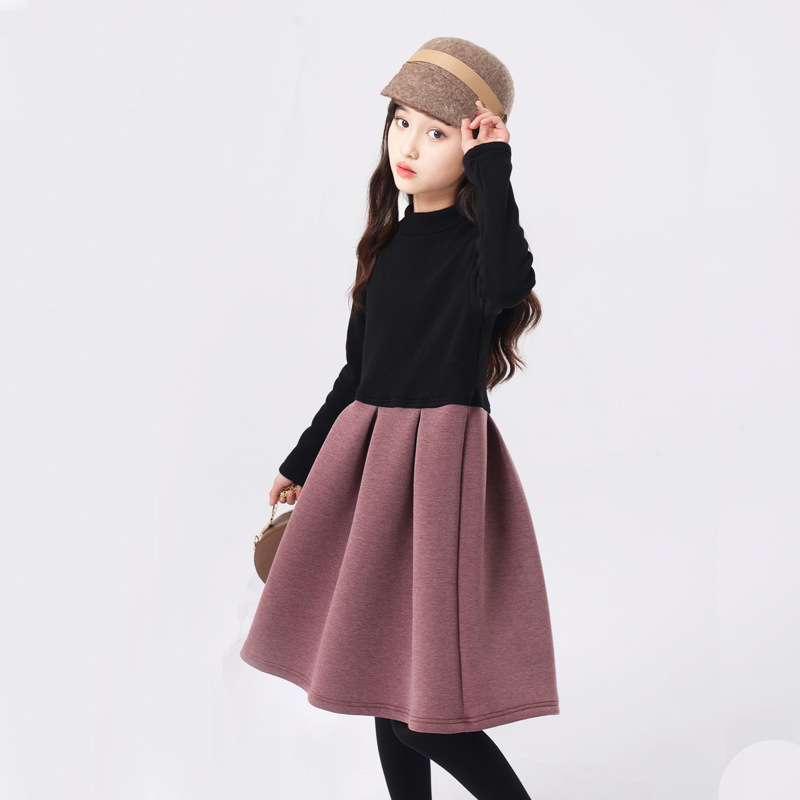 Nuevo vestido de las niñas PRIMAVERA/otoño e invierno forrado de lana estilo coreano cálido de manga larga para niños medianos y grandes mullido vestido de princesa