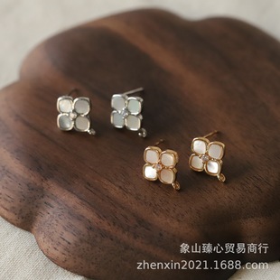 Color-retaining Copper Plated Real Gold Small Gentle Zircon Fritillaria Four-leaf Ear Stud Ear Clip Semi-finished DIY Handmade Accessories