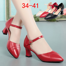 单鞋女2022春夏新款真皮凉鞋女半包头一字扣带中跟夏季粗跟高跟鞋