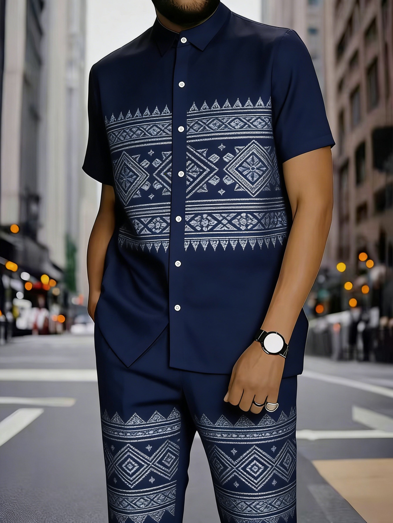 Men's Clothing Men's Commuter Style Short Sleeve Shirt And Shorts Set Collared Geometric Print Spring Summer_viptrois.com