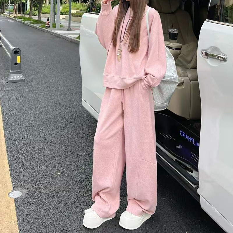 韩系气质高级套装2025春秋新款休闲半拉链卫衣阔腿裤两件套女代发|undefined
