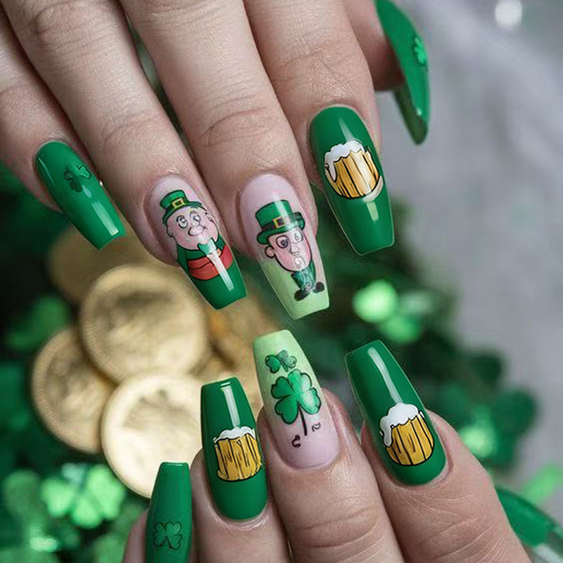 Spring-Themed Ballet Green St. Patrick's Day Shamrock Beer Cartoon Character Design Nail Art Spring-Themed Ballet Green St. Patrick's Day Shamrock Beer Cartoon Character Design Nail Art