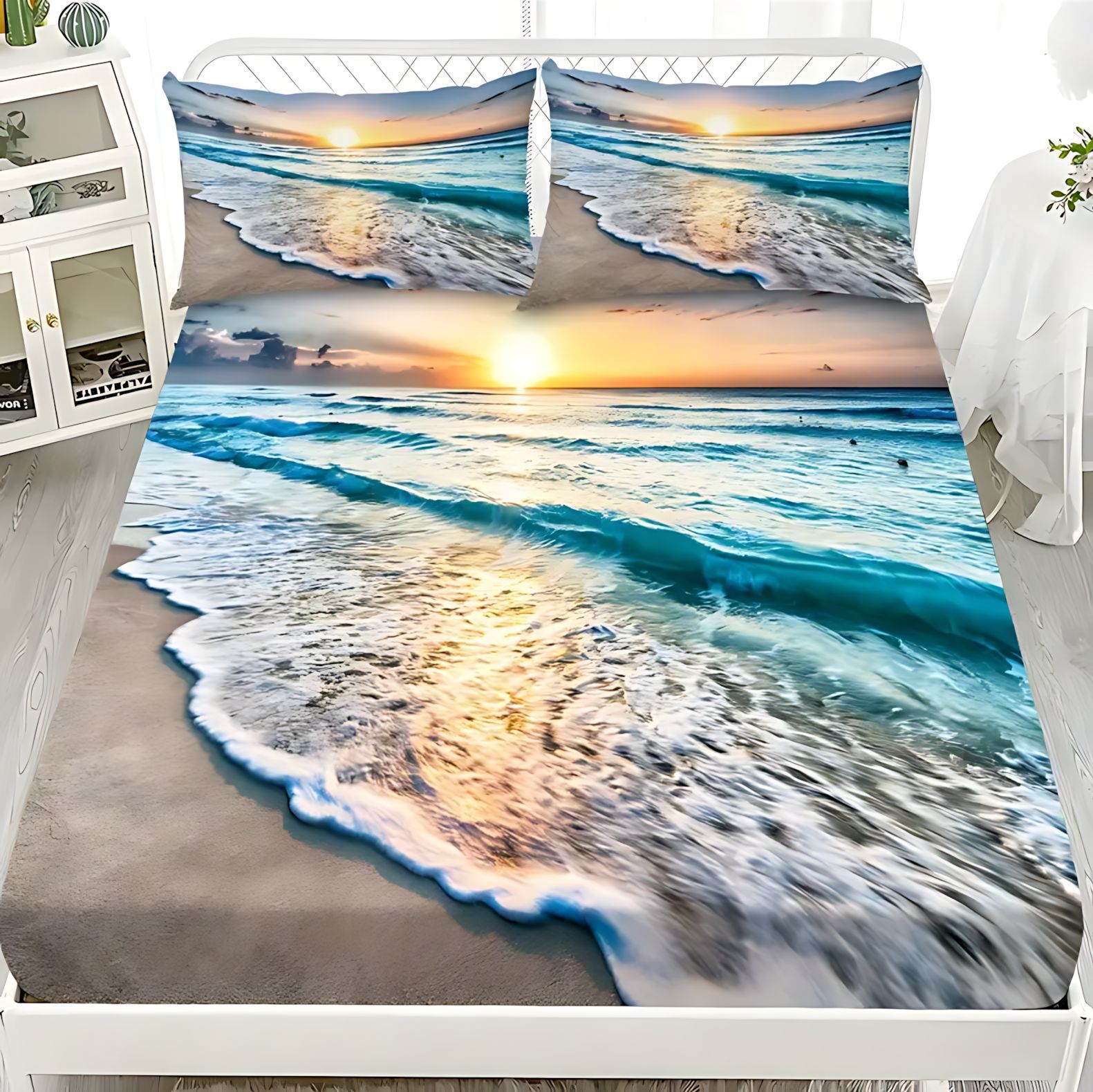 TEMU / JIT Visita a casa transfronteriza vista al mar temática molido HD impresión digital cama almohada cubierta Kit de cama