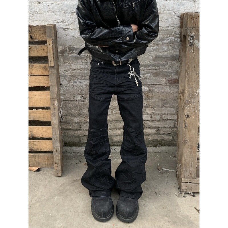 2022 American-Style Black Washed Vintage Three-Dimensional Whiskered Pleated Flared Jeans for Men Stacked Bootcut Pants