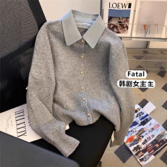 哥家商场同款女装2025秋季韩版灰色Polo领假两件毛衣针织开衫上衣