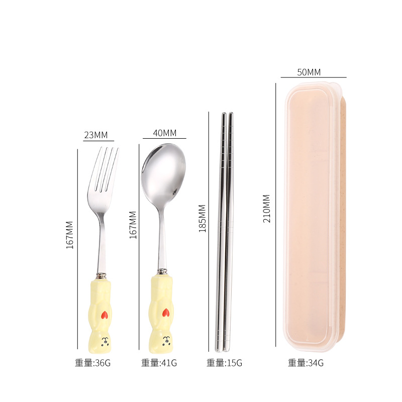 Corea del Sur ins lindo dibujos animados portátil de cerámica mango Acero inoxidable palillos Palillos vajilla hogar Bento desayuno