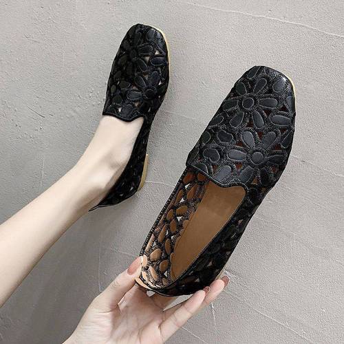 Hollow-out summer flat bean pod shoes for women, square-toe single shoes for women, shallow mouth mother shoes