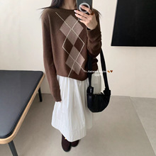濮院针织衫2025秋冬新款慵懒风菱格提花撞色毛衣显瘦百搭气质女装