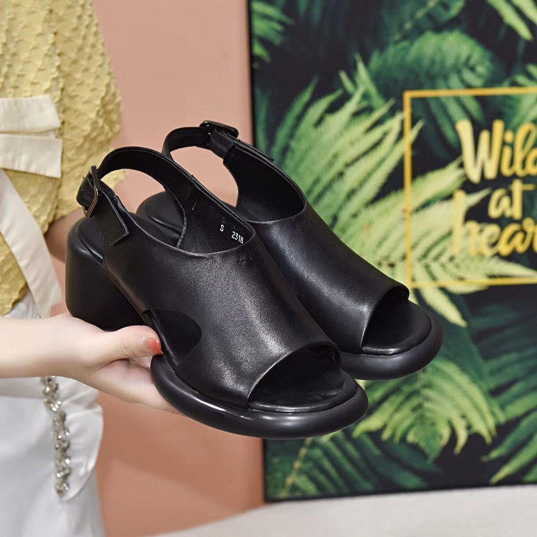 Sandal nữ da thật mũi hở gót vuông quai ngang đế dày — đen chi tiết 3