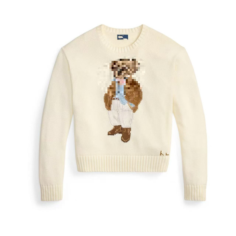 High-quality cross-border women's loose-fit cotton crew-neck knit sweater in cream color with bear motif, intricate woven embroidery, and scannable QR code High-quality cross-border women's loose-fit cotton crew-neck knit sweater in cream color with bear motif, intricate woven embroidery, and scannable QR code