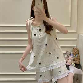 实拍夏季新款云朵棉固定胸垫吊带睡衣女甜美可爱卡通家居服套装