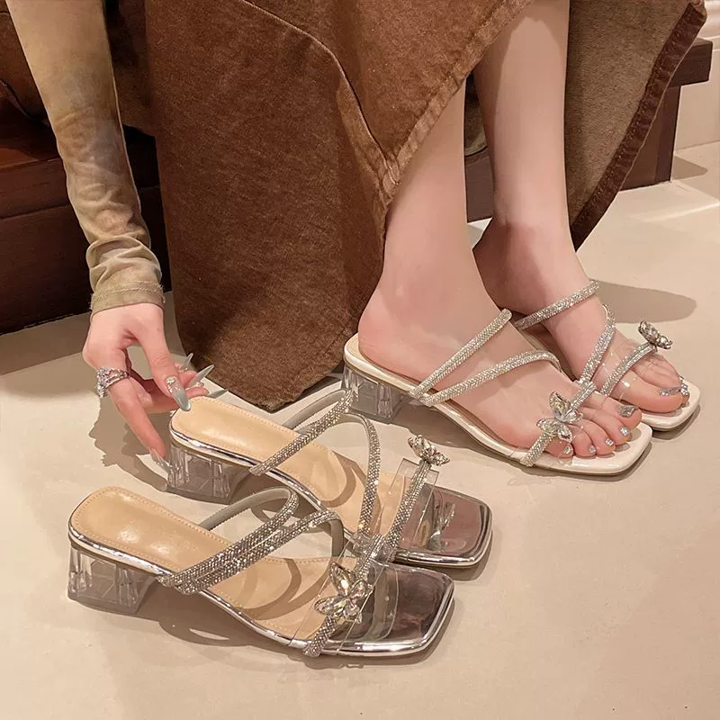 2025 новый стиль сандалии и тапочки с бантом из стразов для женщин, красивые и элегантные, с каблуками из кристаллов для улицы