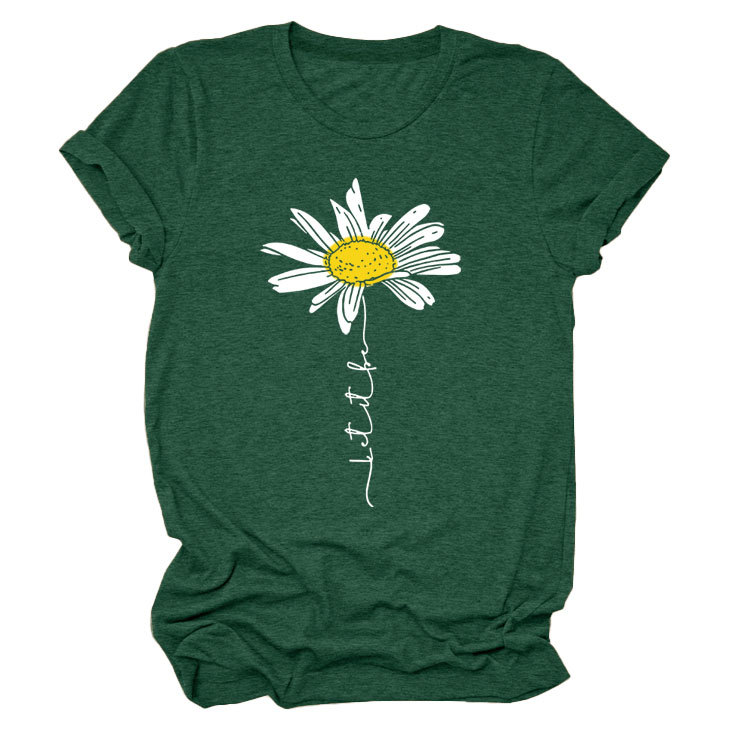 LET IT BE DAISY carta casual manga corta Amazon europeo y americano de las mujeres Top cuello redondo Camiseta suelta