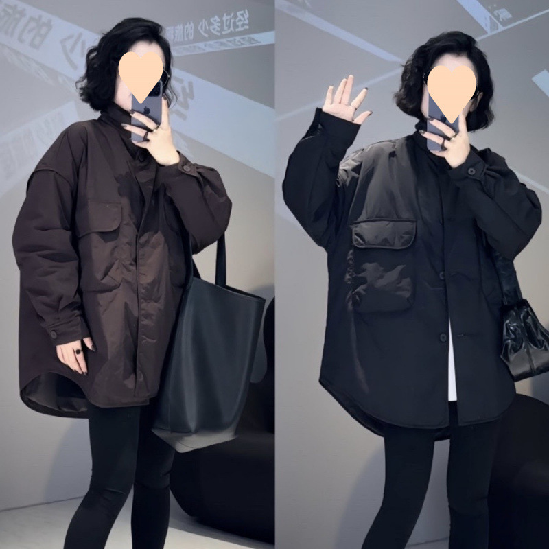 美拉德中长款工装大口袋宽松休闲外套感纯色立领轻薄保暖上衣|undefined
