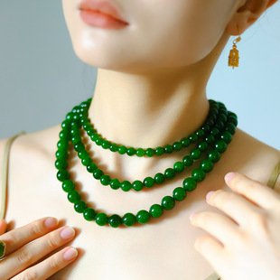 [Brahma Flower] Russian Hetian Jade Jasper Round Bead Necklace Spinach Green Women's Multi-Ring Bracelet