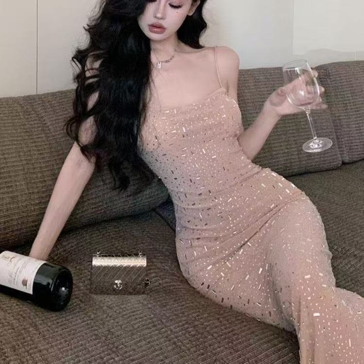 GraceChic Sexy Plus Size Elegante Vestito Lungo Estivo a Sirena con Spalline Sottili e Lavorazione Pesante di Alta Qualità_voghion.com