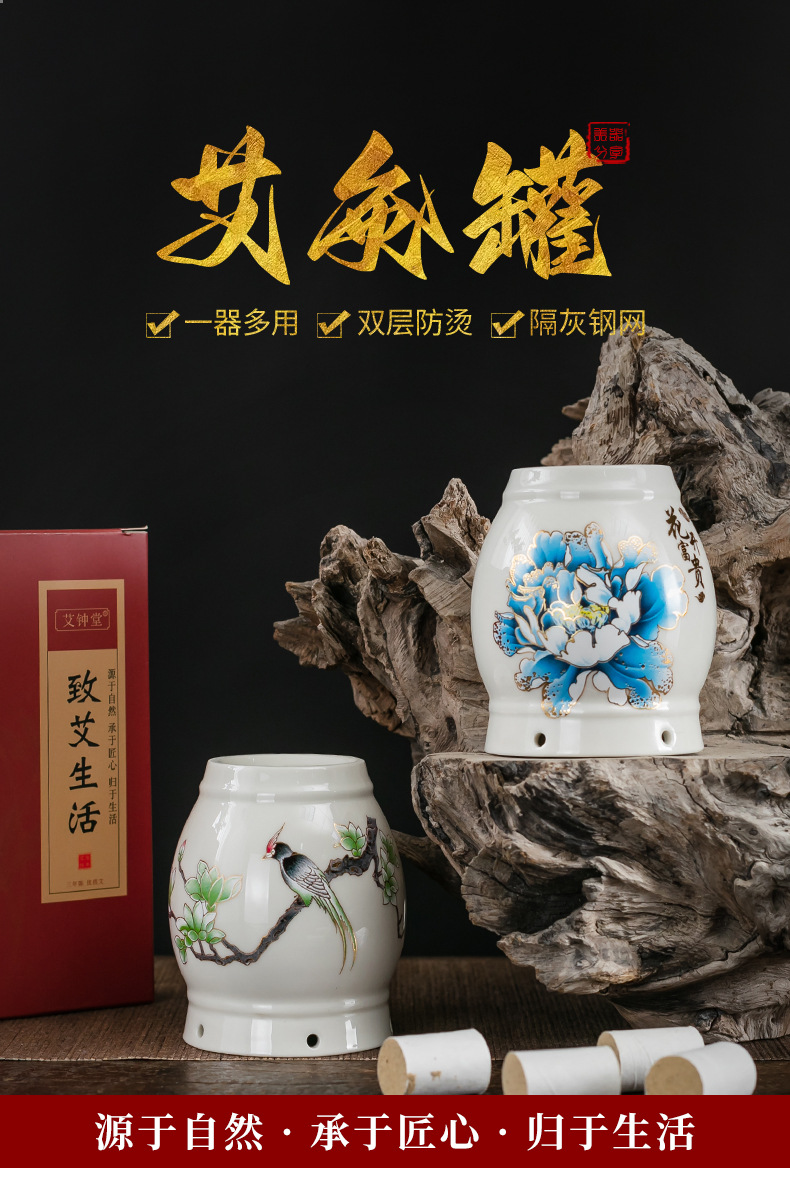 Ceramic Moxibustion Jar Multi-Purpose Home Facial Moxa Box with Steel Mesh and Cloth Cover for Warming Therapy overview