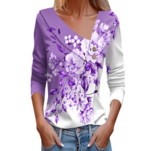 欧美亚马逊美式秋冬女装休闲花朵印花时尚长袖女士上衣t恤欧美风