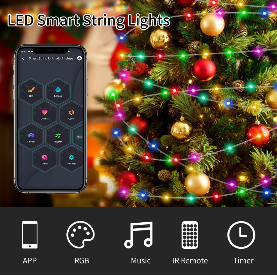 RGB inteligente colorido cuero cadena luces APP Bluetooth Navidad vacaciones decoración al aire libre punto de control camping atmósfera luces de colores