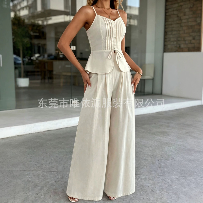 2026 Cross-Border European and American Amazon New Fashion French-Style Spaghetti Strap Waist-Cinching Pleated Buttoned Ruffle Hem Gentle Set 2026 Cross-Border European and American Amazon New Fashion French-Style Spaghetti Strap Waist-Cinching Pleated Buttoned Ruffle Hem Gentle Set