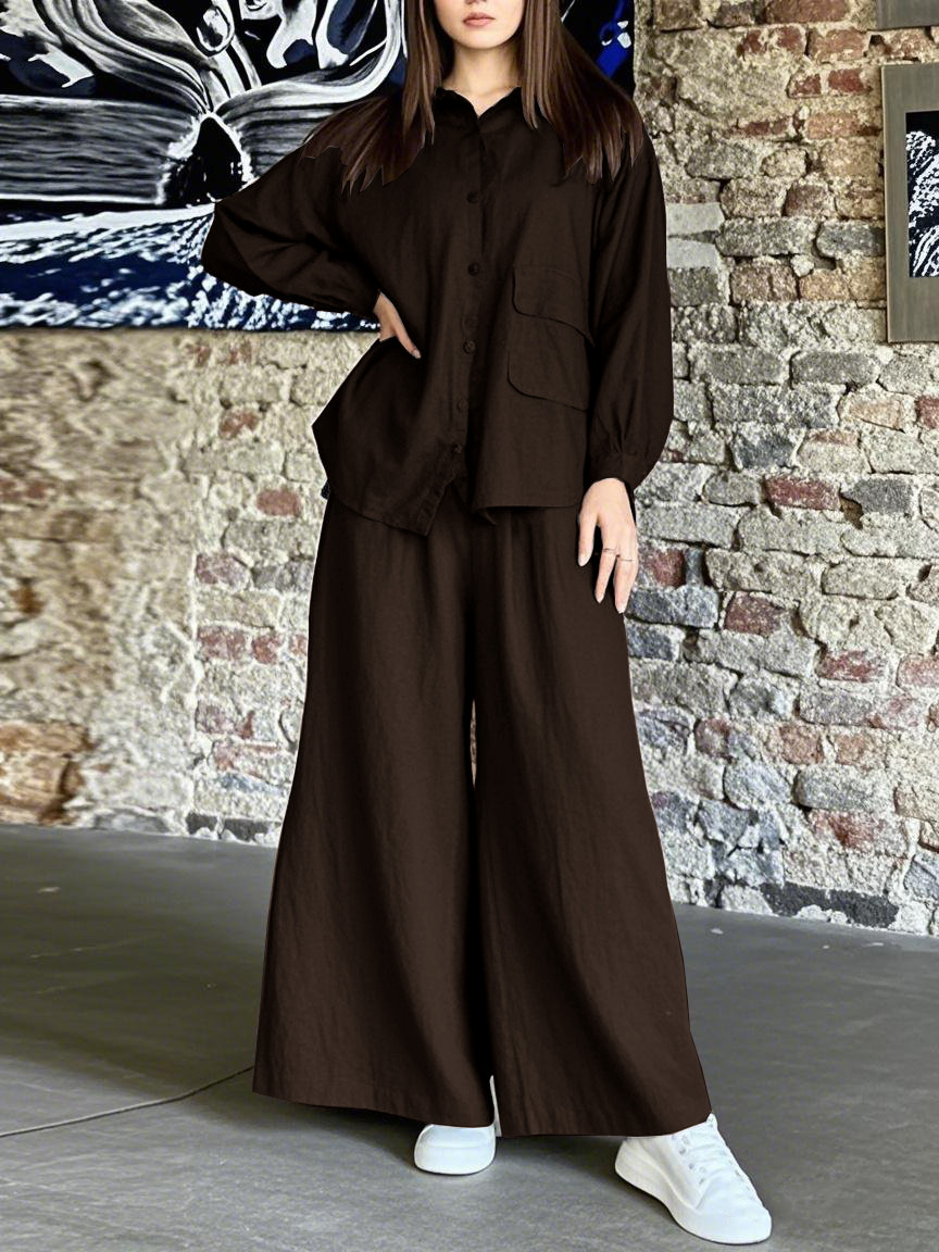 Set van oversized katoenen shirt en wijde broek – Euro-Amerikaanse vintage minimalistische outfit (S-5XL, 7 kleuren, essentieel voor werk en weekend)_voghion.com