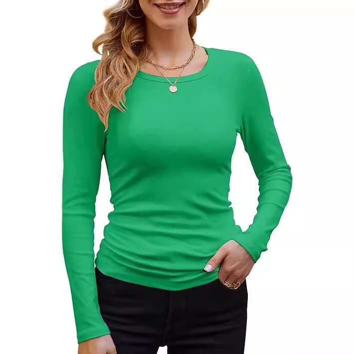 2024 Cross-Border Women's Clothing Amazon Women's Ribbed Rayon Fabric Basic Round Neck Solid Color Long-Sleeve T-Shirt Slim Fit