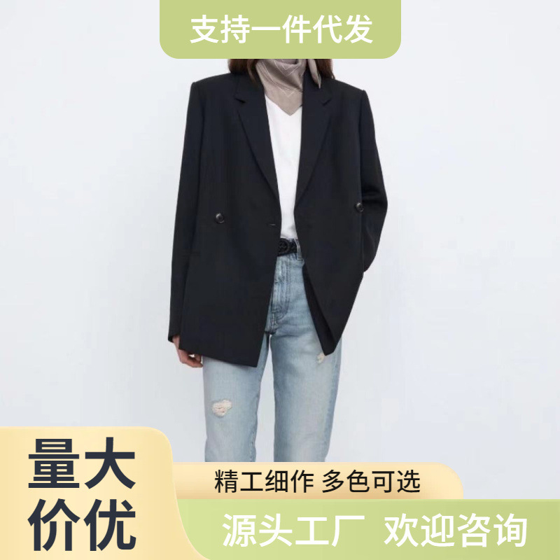 Swedish Tote Blazer for Women, Classic Double-Breasted Casual Workwear Silhouette, Mid-Length Beige Loose Fit