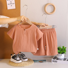 夏季新款男童宝宝夏装纯色棉麻短袖套装洋气衣服潮小童时髦两件套