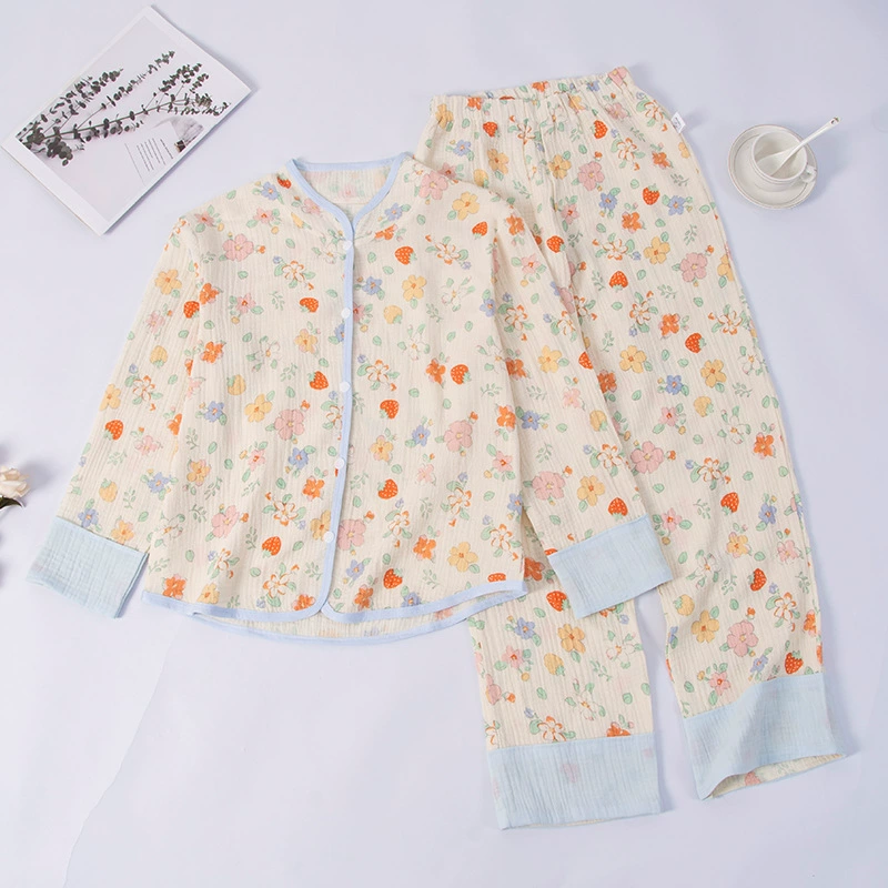 Двойная пряжа пижама женская весна лето длинные рукава брюки 2025 новый летний простой удобный набор домашней одежды можно носить на улице