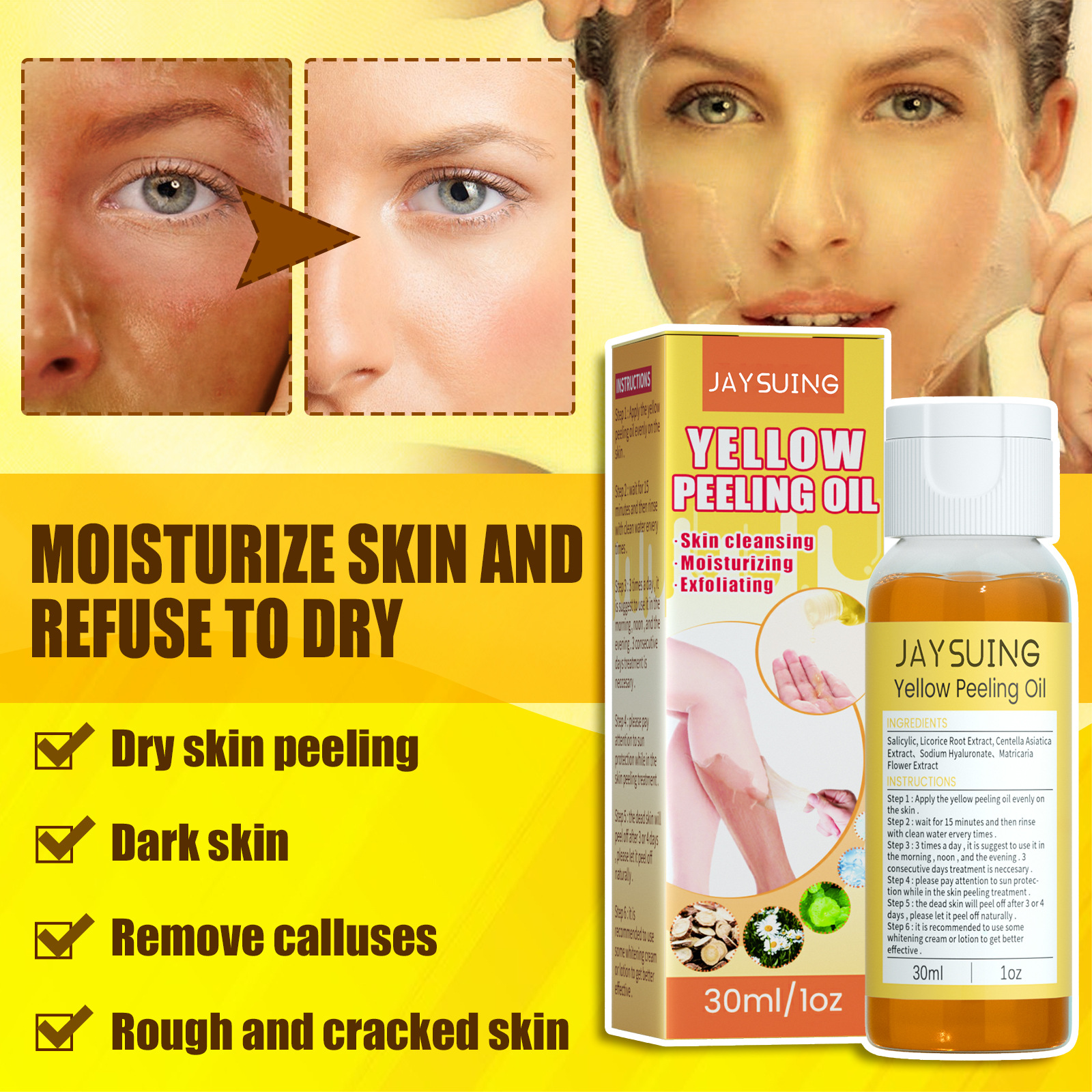 L'huile exfoliante pour la peau jaune Jaysuing hydrate la peau du corps, la rendant délicate, belle, blanche et tendre._voghion.com