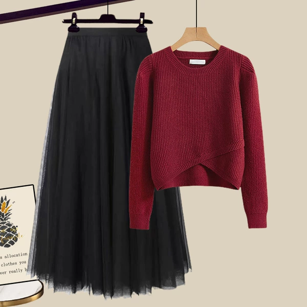 Red sweater, black skirt, set