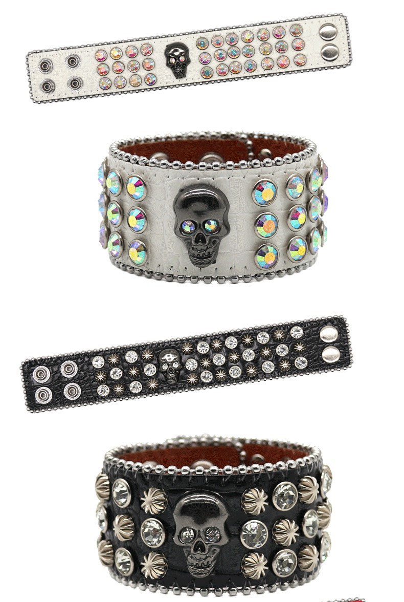 55g Weight Rhinestones Inlay Material Bracelets Classification Punk Skull Rhinestones Pu Leather Bangles Halloween Wholesale
