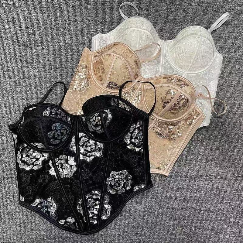 Cross-Border European and American Style Sequined Lace Backless Camisole with Chest Pads, Suitable for Outerwear or Layering, Slim-Fit Fishbone Top for Women