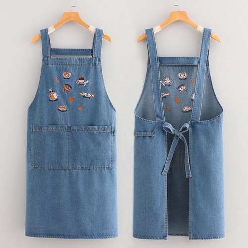 Foreign trade denim apron home kitchen retro fashionable literary men and women baking tea shop Korean style workwear