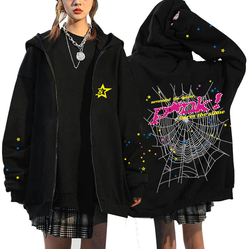 European and American Hip-Hop Independent Station 555 Spider Series Peripheral Harajuku Printed Sweatshirt Hooded Loose Zipper Sweatshirt Batch