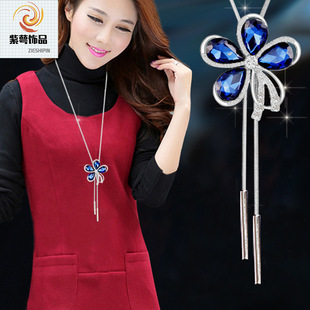 Korean Style Blue Water Drop Sweater Chain Gemstone Long Crystal Necklace for Women Versatile Tassel Pendant Decoration Dark Blue Water Drop