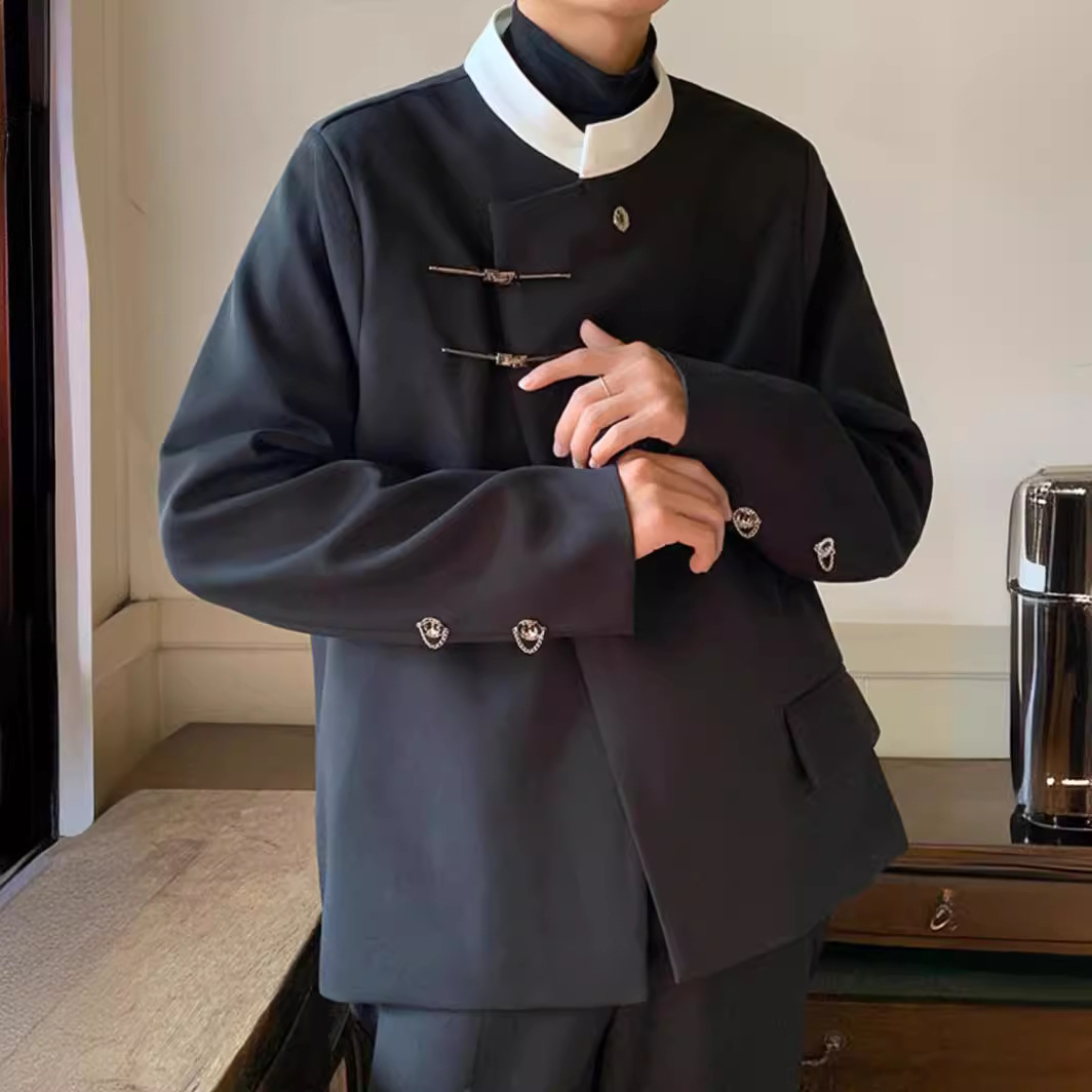 新中式老钱风黑色夹克外套男女秋装冷淡系时尚感立领盘扣西装轻奢