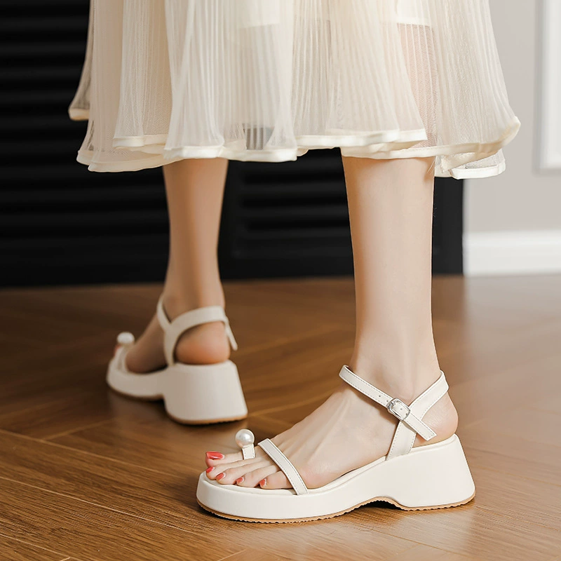 Мафли с толстой подошвы премиум-смысл с юбкой летом новый толстый каблек с жемчугом